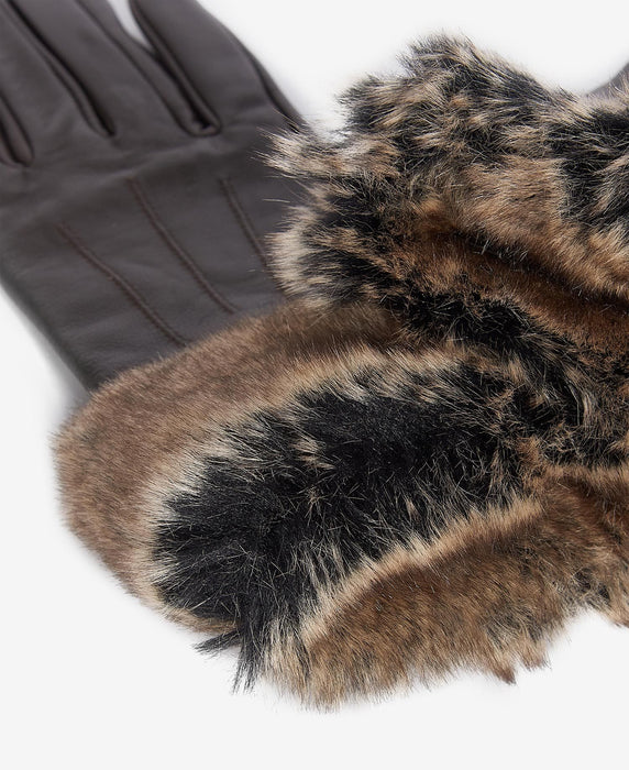 Barbour Fur Trimmed Leather Gloves - Dark Browm