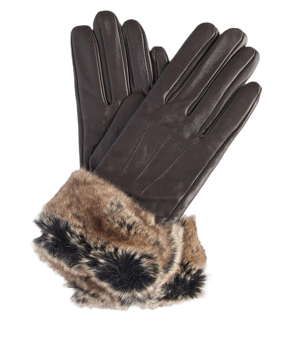 Barbour Fur Trimmed Leather Gloves - Dark Browm