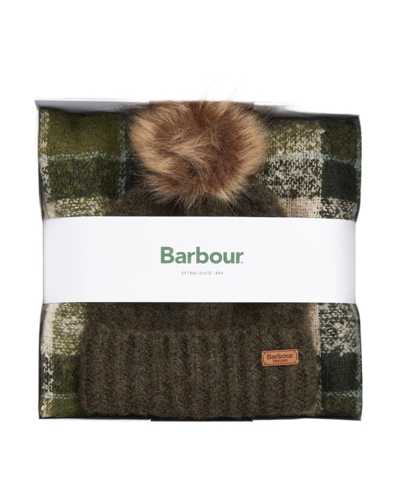 Barbour Saltburn Beanie & Tartan Scarf Gift Set - Ancient Loden