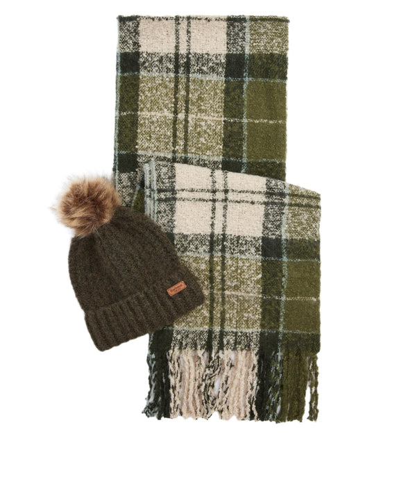 Barbour Saltburn Beanie & Tartan Scarf Gift Set - Ancient Loden